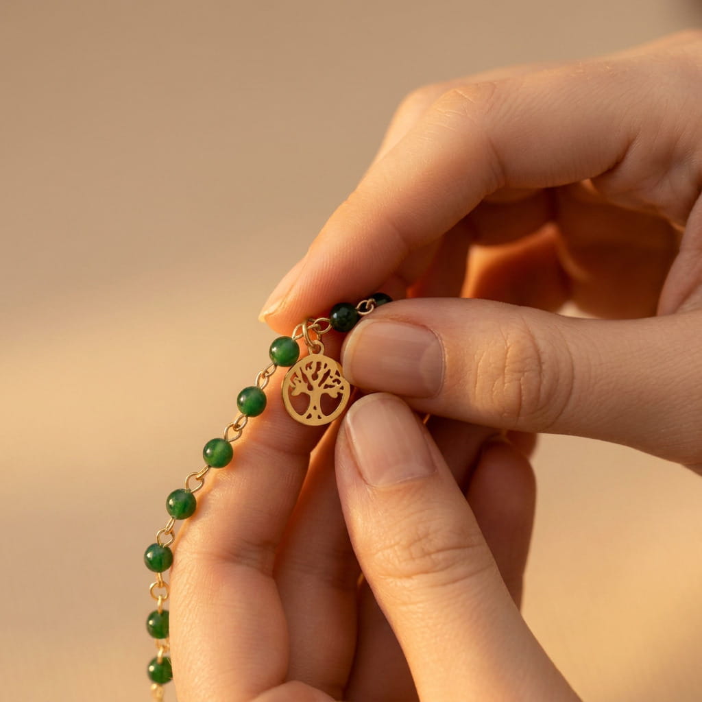 [variant: Vouves Bracelet] Close-up of hands holding a gold Vouves Olive Tree charm bracelet with green gemstone beads