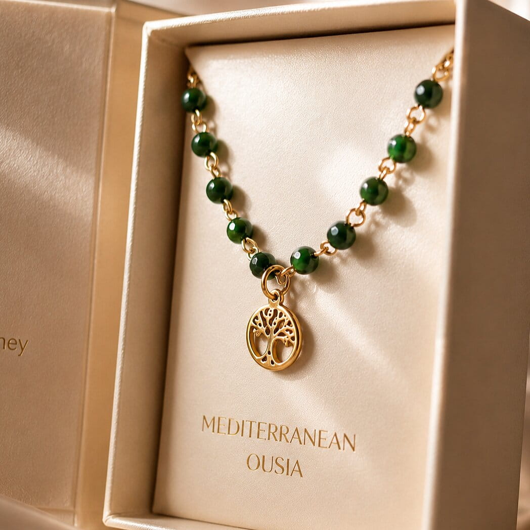 [variant: Vouves Bracelet] Green beaded bracelet with a gold tree charm in a 'Mediterranean Ousia' box.