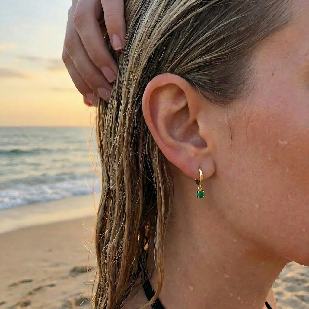 [variant:Vouves Earrings] Close-up of a woman's ear with a Vouves earring, set against a beach sunset.