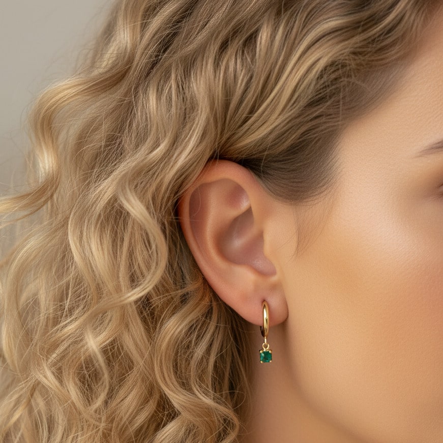 [variant:Vouves Earrings] Gold hoop earrings with dangling green chalcedony gemstone worn on ear with soft natural curls