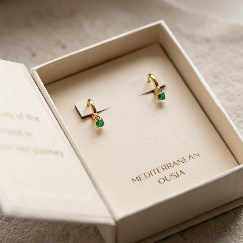[variant:Vouves Earrings] Gold earrings with green gemstones in a Mediterranean Ousia box.