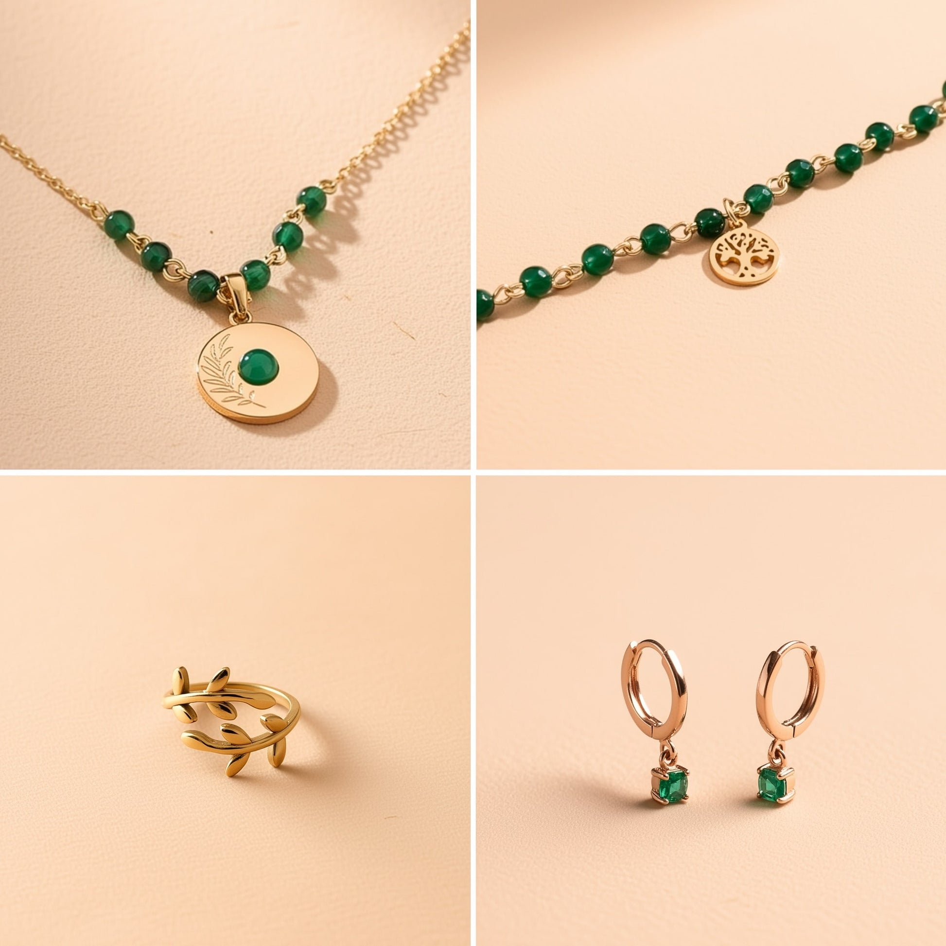 [variant:Full Vouves Collection] Complete Mediterranean Ousia jewelry collection featuring a gold olive branch pendant necklace with green beads, the Vouves Olive Tree charm bracelet, a gold olive branch ring, and gold hoop earrings with green chalcedony drops