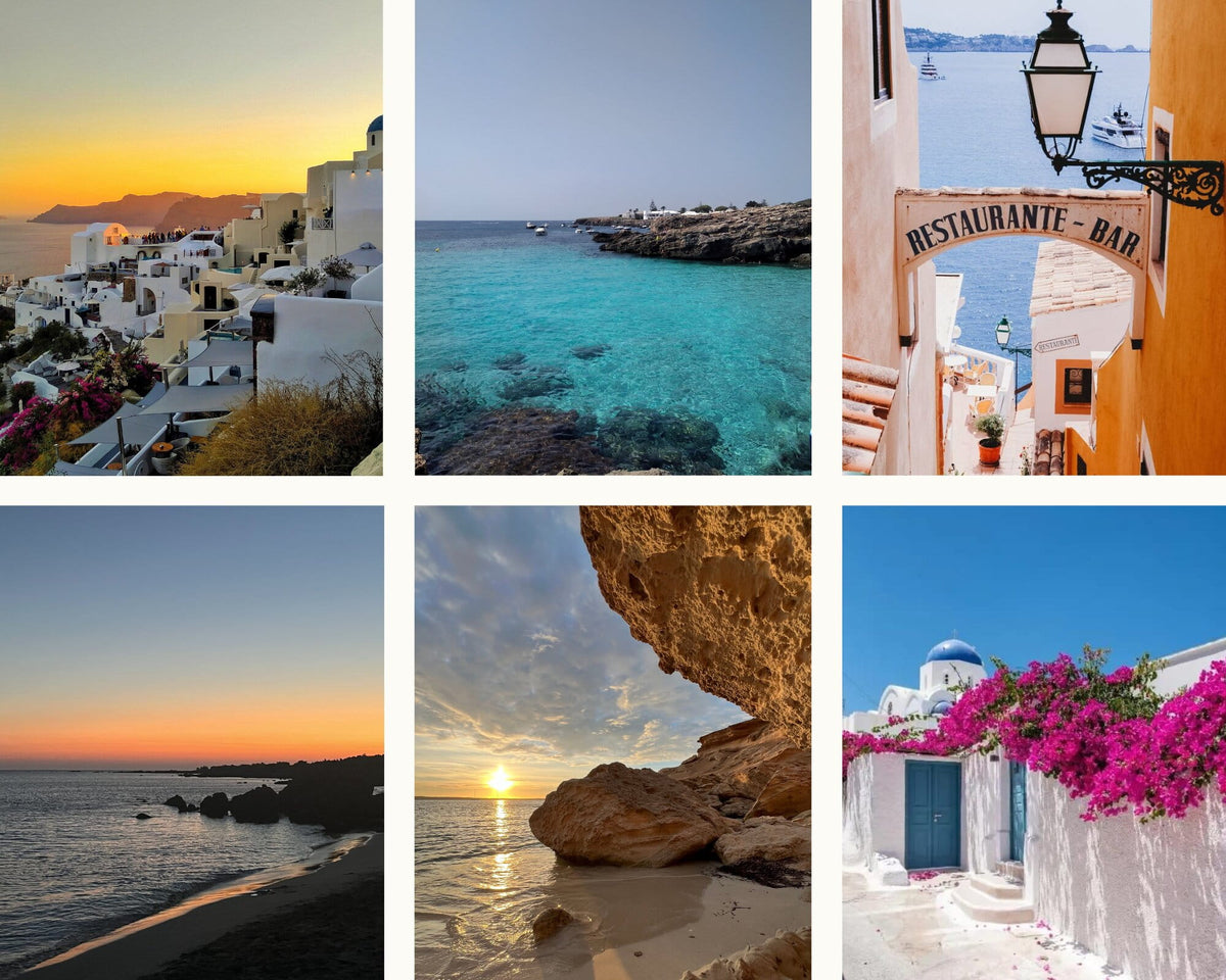 Collage of six images showcasing scenic views of Mediterranean coastal towns. Islands, sunsets and beaches