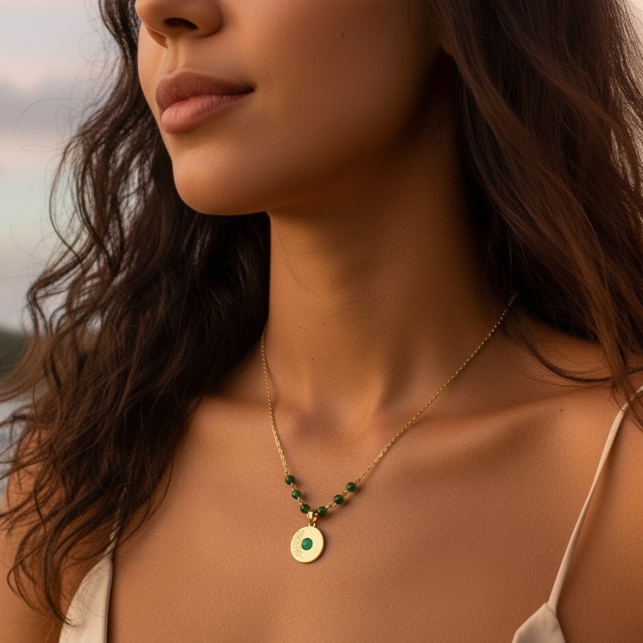 [variant: Vouves Necklace] Gold Vouves Olive Tree-inspired pendant necklace with green gemstone beads worn at sunset by the Mediterranean