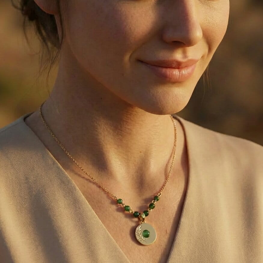 [variant: Vouves Necklace]  Close-up of a woman wearing a necklace with a green pendant in a warm, outdoor setting.