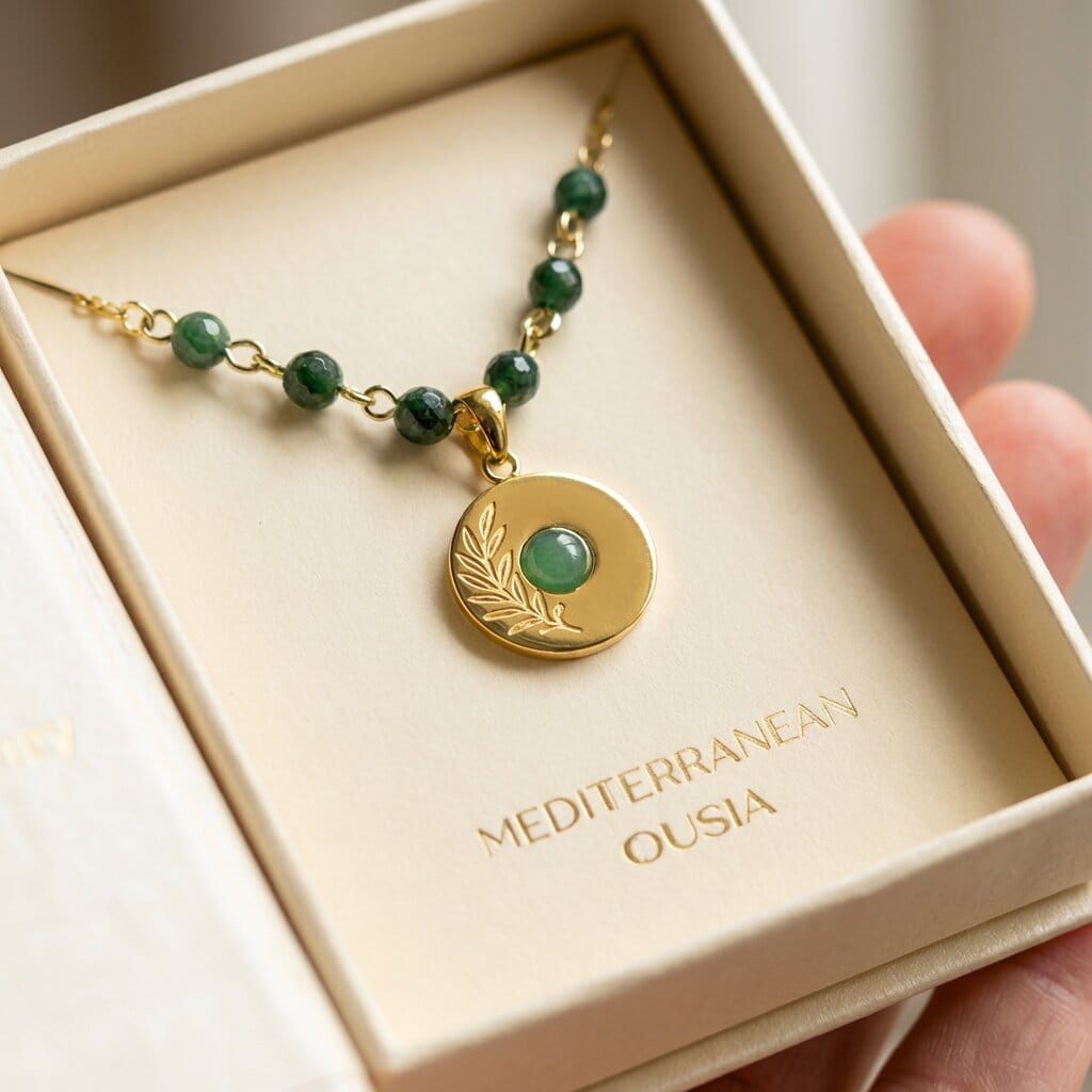 [variant: Vouves Necklace] Gold necklace with green beads and pendant in a 'Mediterranean Ousia' premium box.