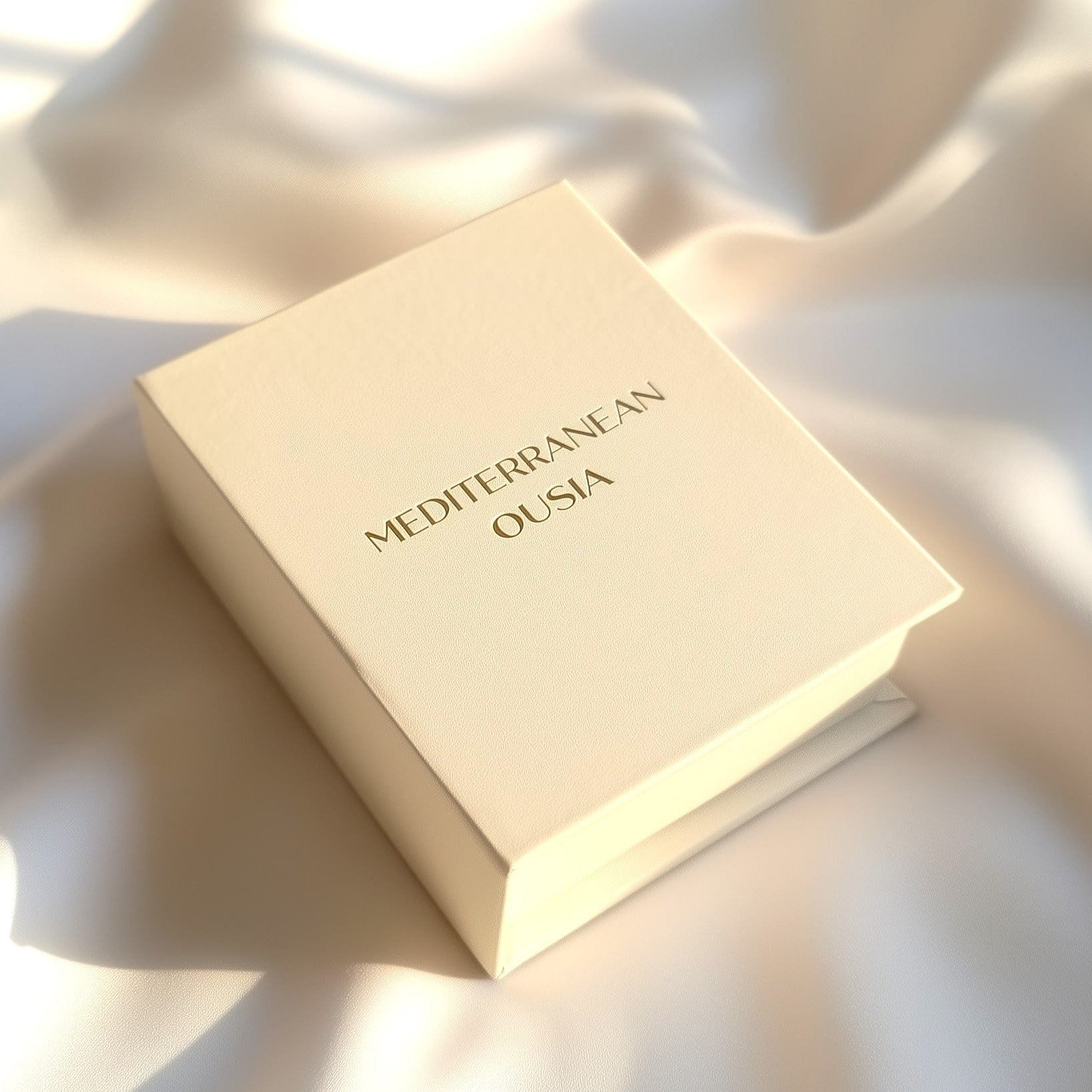 Luxury Mediterranean Ousia jewelry box in soft cream tones with gold logo lettering.