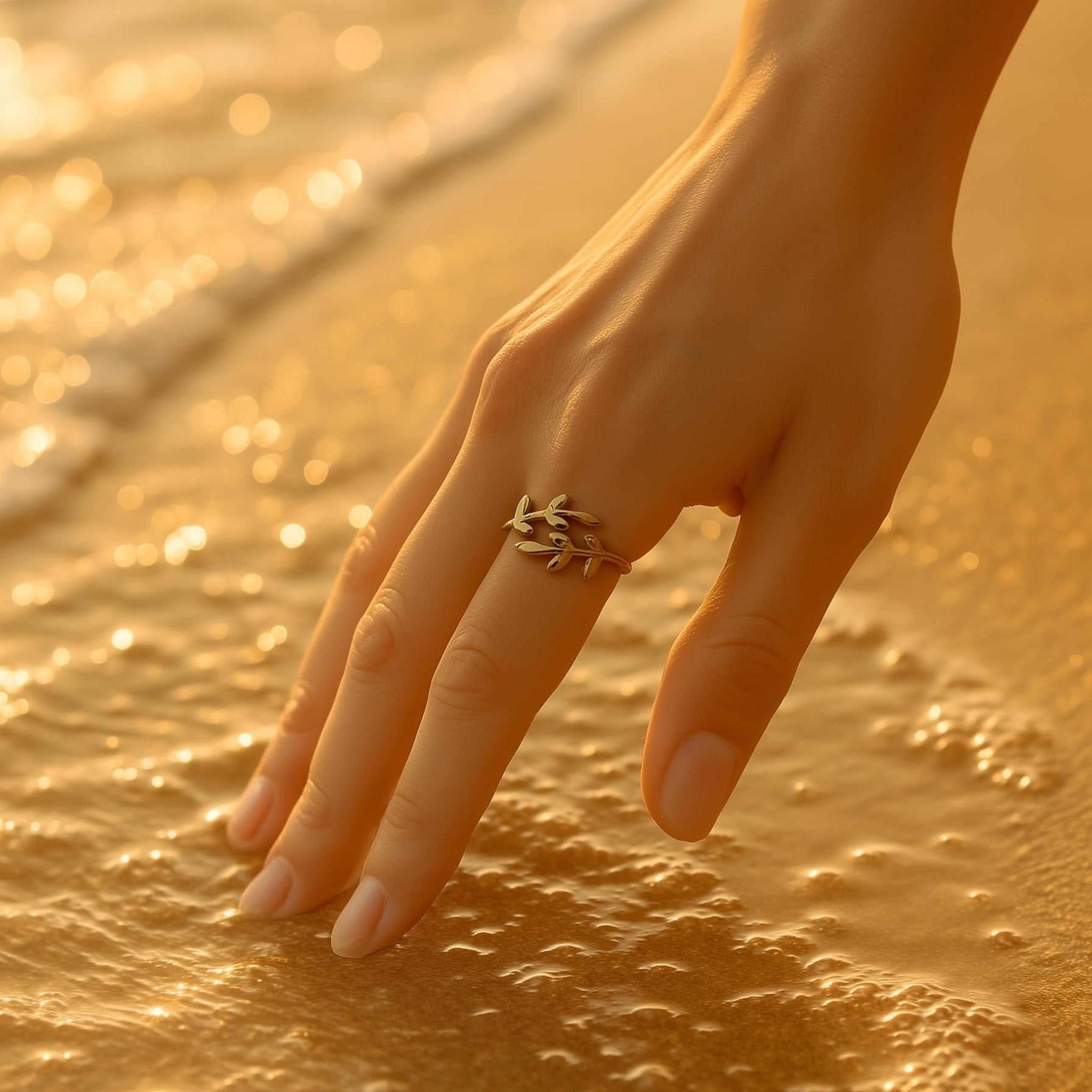 [variant:Vouves Ring] Gold olive branch wrap ring worn on hand touching the shoreline during golden hour by the Mediterranean