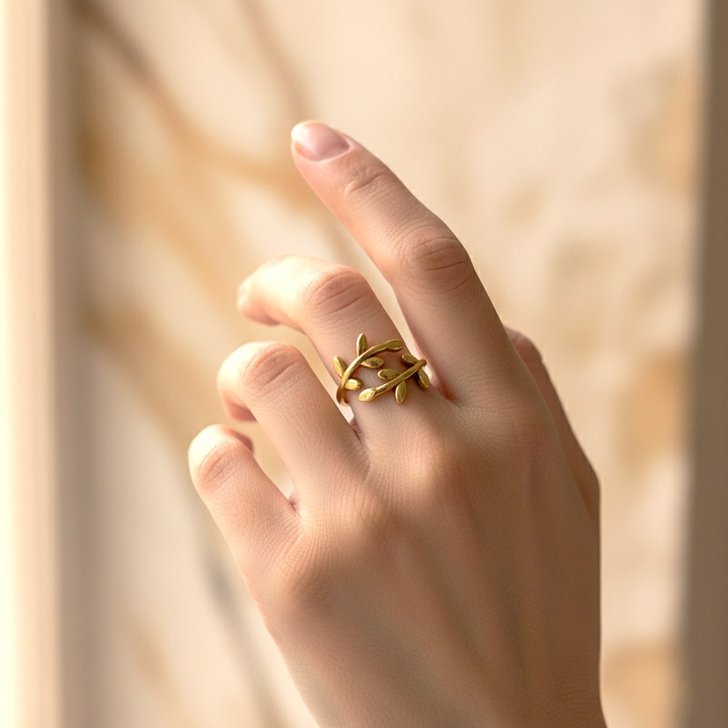 [variant:Vouves Ring] Gold olive branch ring inspired by the Vouves Olive Tree worn on hand in warm indoor light