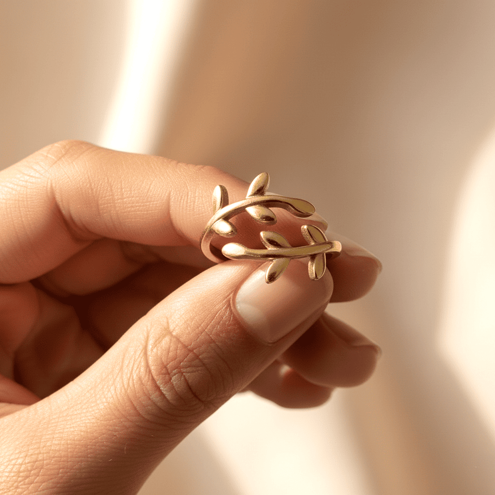 [variant:Vouves Ring] Gold olive branch ring inspired by the Vouves Olive Tree holding by hand in warm beautiful light