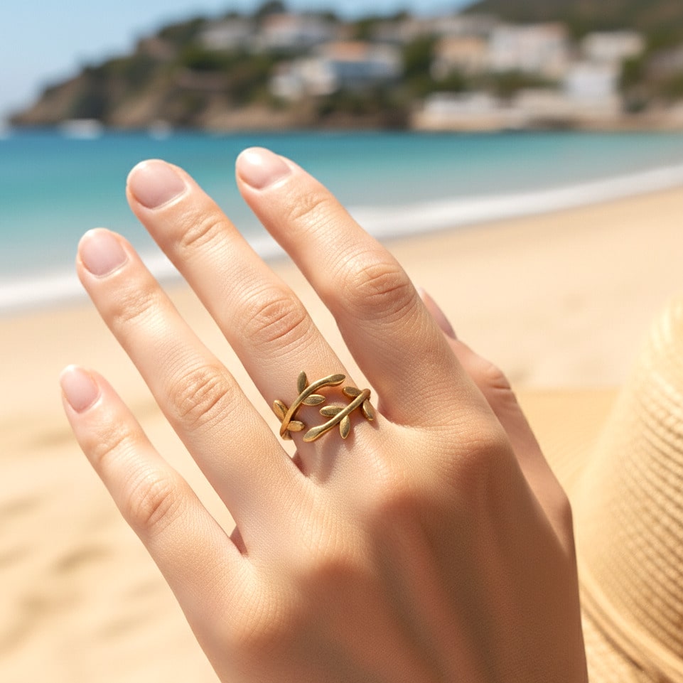 [variant:Vouves Ring] Gold olive branch wrap ring worn on hand at a sunny Mediterranean beach with turquoise water