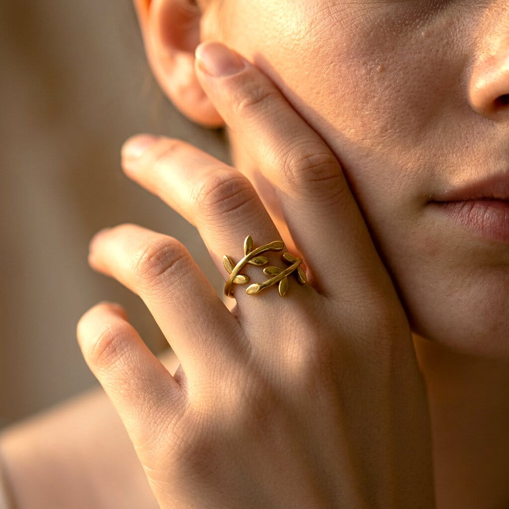 [variant:Vouves Ring] Close-up of a hand wearing the Vouves ring, held near the face.