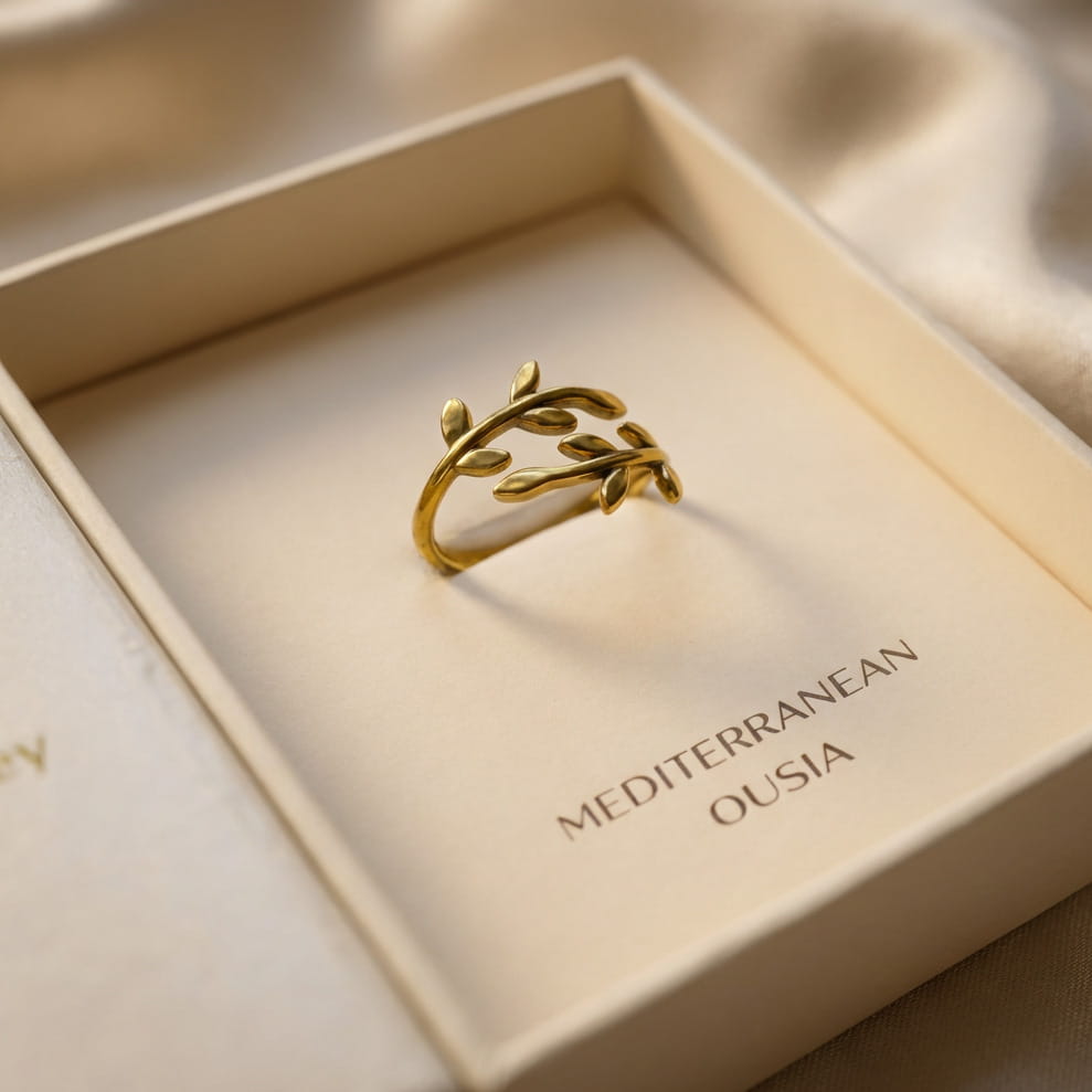 [variant:Vouves Ring] The Vouves Ring on a premium beige jewelry box of 'Mediterranean Ousia', beautifully displayed.